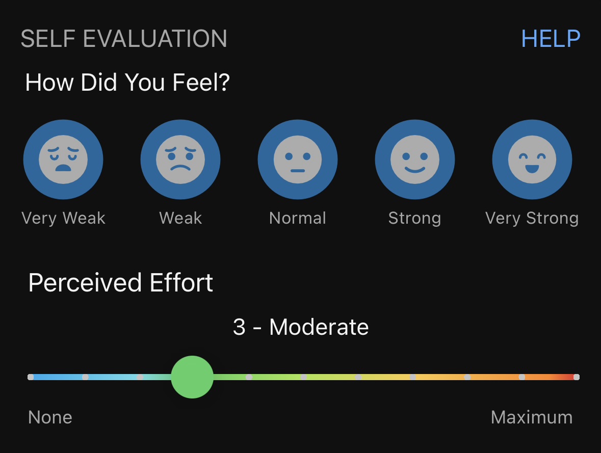 Garmin's post-activity self evaluation screen, with a How Did You Feel rating and a Perceived Effort slider