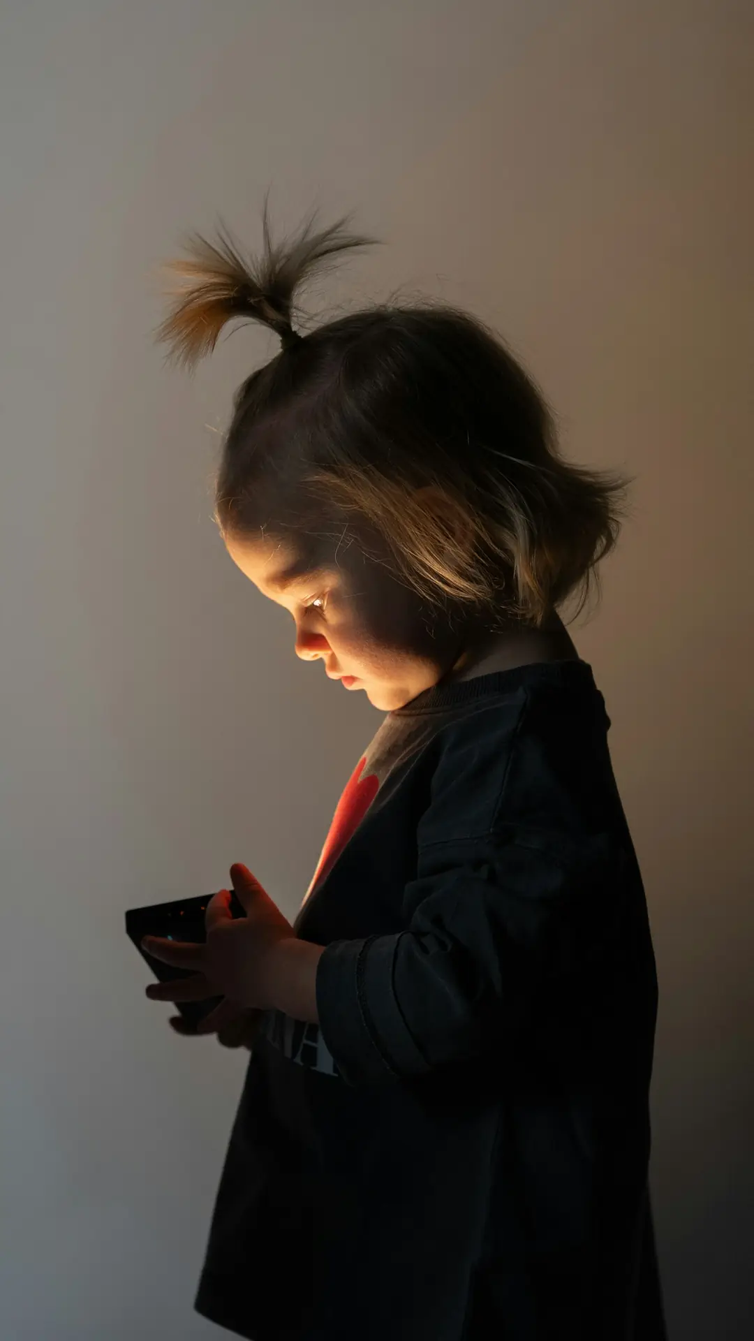 Young child absorbed in a glowing phone screen
